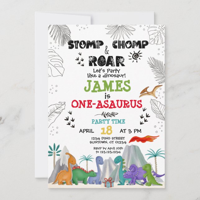 Dinosaur Birthday Boy Girl Aquarell farbig in Einladung (Vorderseite)