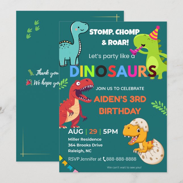 Dinosaur Birthday Einladung - Bearbeitbar | Flachw (Vorne/Hinten)