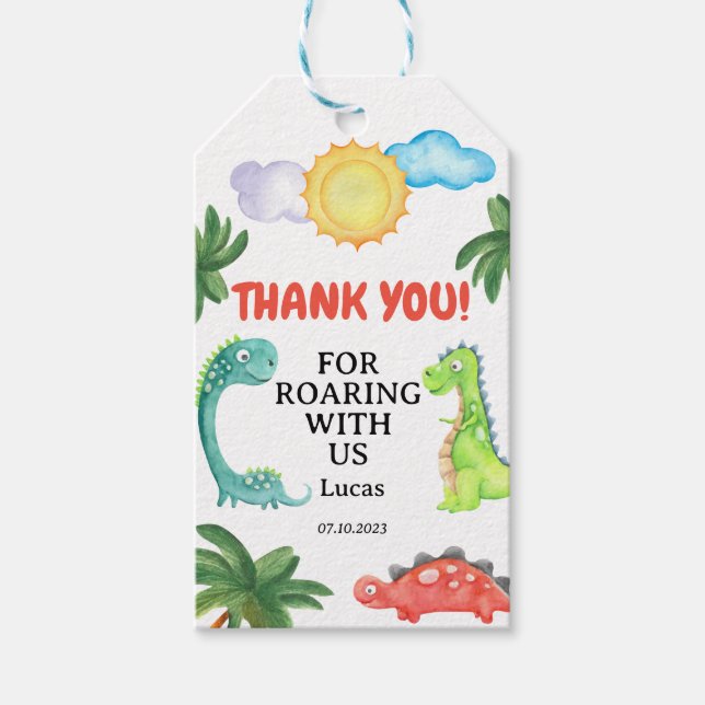 Dinosaur Birthday Einladung Geschenkanhänger (Vorderseite)