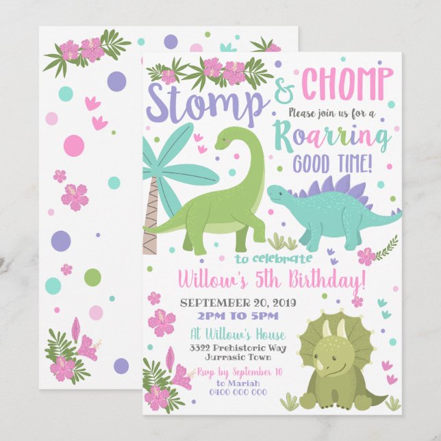 Dinosaur Birthday Einladung Girl Pink Dinosaur (Vorne/Hinten)