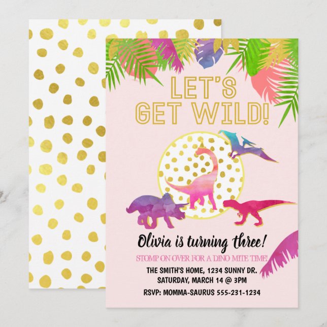 Dinosaur Birthday Einladung Mädchen Geburtstag (Vorne/Hinten)