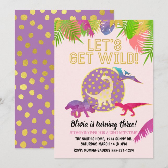 Dinosaur Birthday Einladung Mädchen Geburtstag Lil (Vorne/Hinten)
