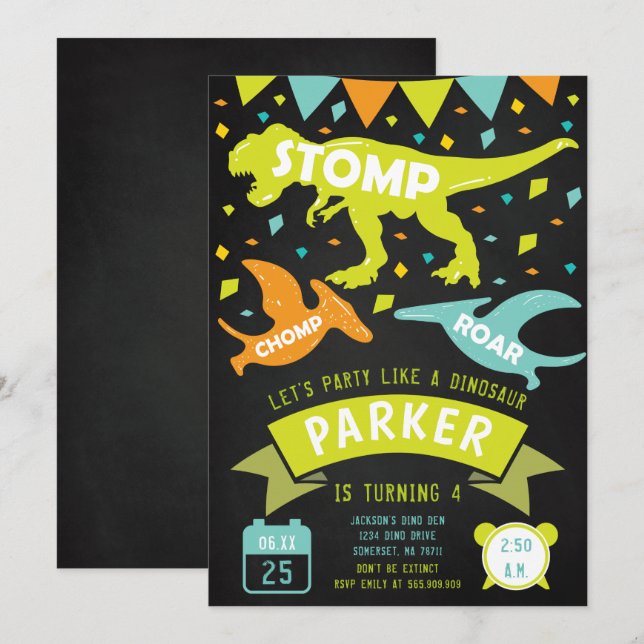 Dinosaur Birthday Einladung Modernes Chalkboard (Vorne/Hinten)