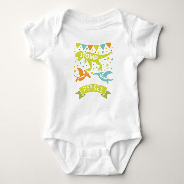 Dinosaur Birthday farbenfroh Baby Strampler (Vorderseite)