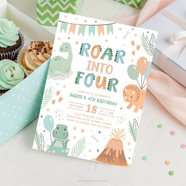 Dinosaur Birthday Invitation Four. Cute Baby Dino  Einladung (Von Creator hochgeladen)