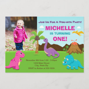 Dinosaur Birthday Invitation Girl, 1. Geburtstag Einladung