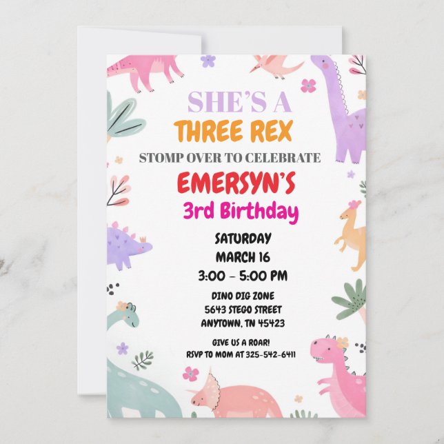 Dinosaur Birthday Invitation Girls Cute Three-Rex  (Devant)