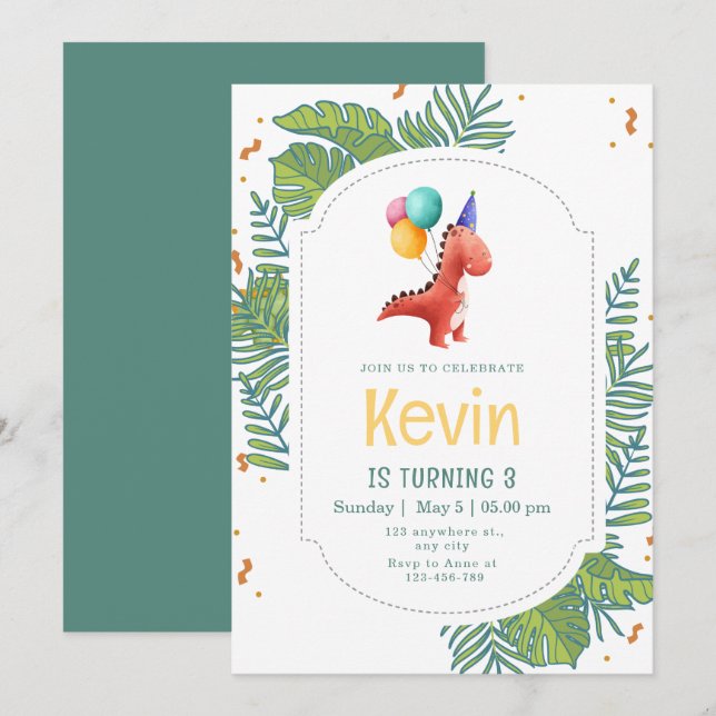 Dinosaur Birthday Invitation, Three Rex Birthday Einladung (Vorne/Hinten)