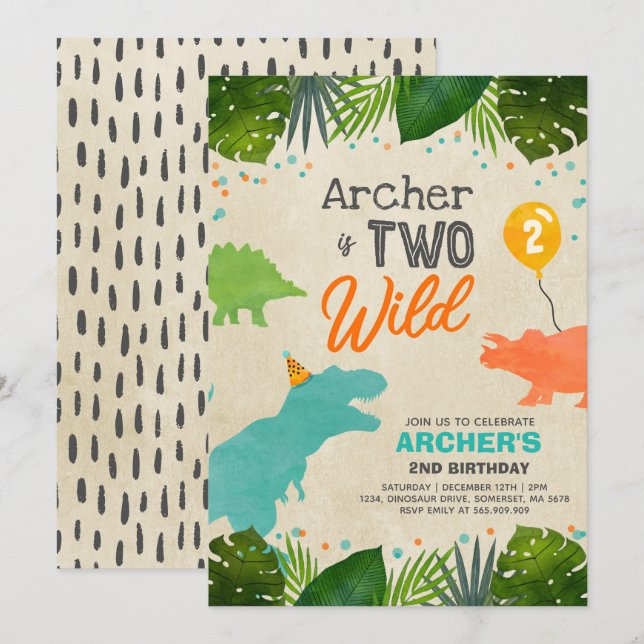 Dinosaur Birthday Invitation Two Wild Dinosaur Par (Devant / Derrière)