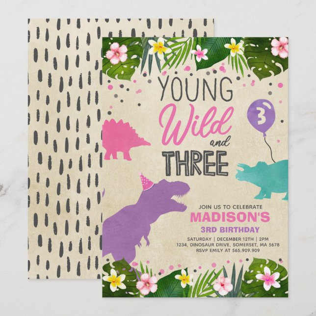 Dinosaur Birthday Invitation Wild Et Three Dino Pa (Devant / Derrière)