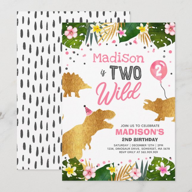 Dinosaur Birthday Invite Two Wild Dinosaur Party Einladung (Vorne/Hinten)