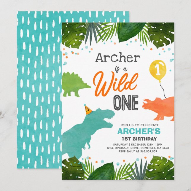Dinosaur Birthday Invite Wild One Dinosaur Party Einladung (Vorne/Hinten)