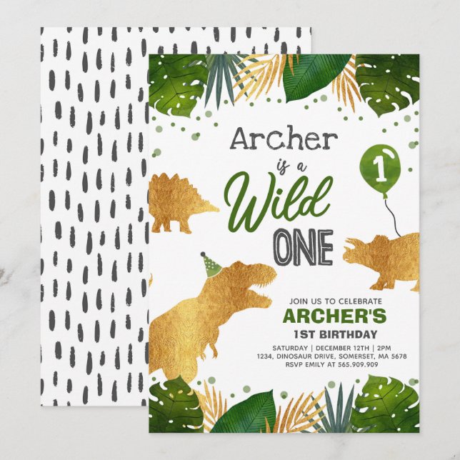 Dinosaur Birthday Invite Wild One Dinosaur Party Einladung (Vorne/Hinten)