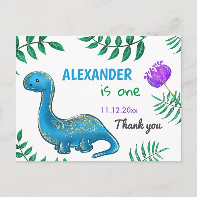 Dinosaur Birthday Party | Blue Dino Vielen Dank Postkarte (Vorderseite)