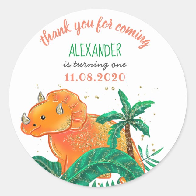 Dinosaur Birthday Party Niedlich Triceratops Danke Runder Aufkleber (Vorderseite)