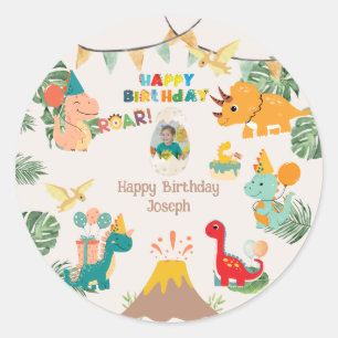 Dinosaur Birthday Party Paper Plate - Custom Foto Runder Aufkleber