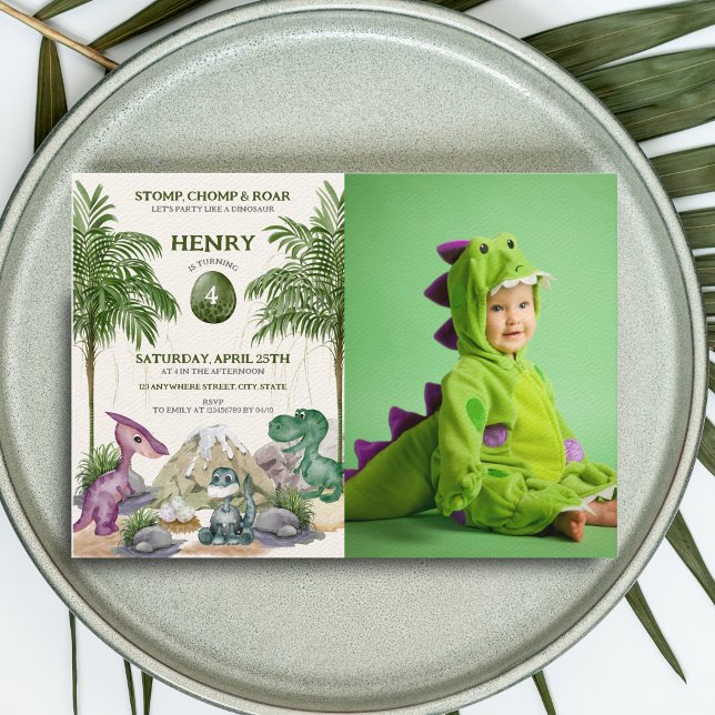 Dinosaur Birthday Party T-rex Wasserfarbe Foto Einladung (Von Creator hochgeladen)