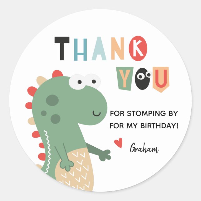 Dinosaur Birthday Vielen Dank Runder Aufkleber (Vorderseite)