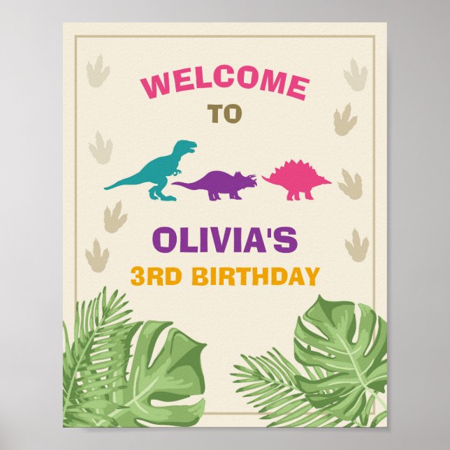 Dinosaur Birthday Welcome Sign Girl Blätter Party Poster (Vorne)