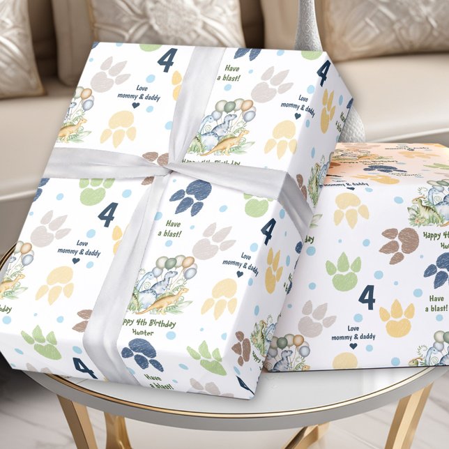 Dinosaur Blue Green Boy Geburtsname Text Geschenkpapier (Dinosaur Blue Green Boy Birthday Name Text Wrapping Paper)