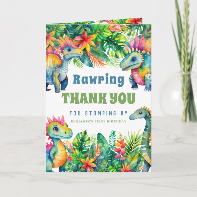 Dinosaur Boy Birthday Party Custom Foto Tropical Dankeskarte (Vorderseite)
