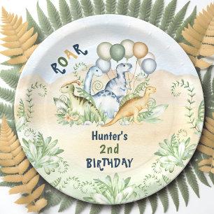 Dinosaur Boy Pastel Niedlich Blue Green 2. Geburts Pappteller
