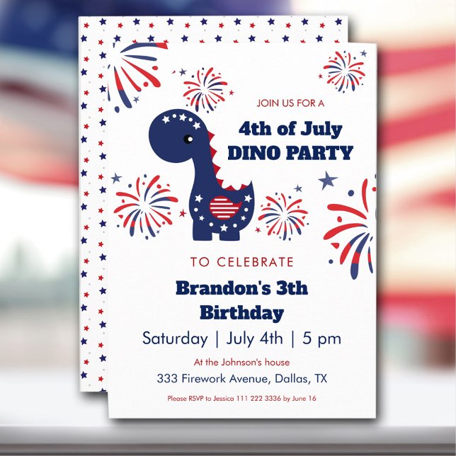 Dinosaur Boy Patriotic Feuerwerk 4. Juli Party Einladung (Dinosaur Boy Patriotic Fireworks 4th of July Party Invitation)