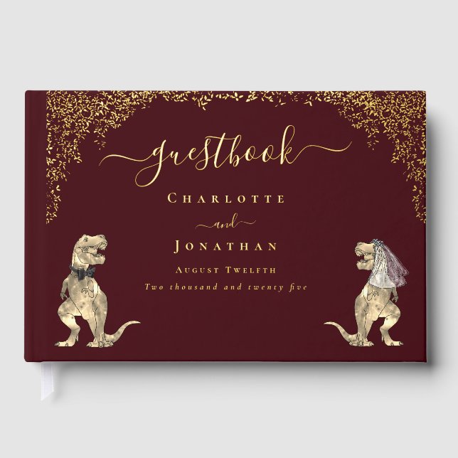 Dinosaur Bride and Groom Burgundy Wedding Gold Gästebuch (Vorderseite)