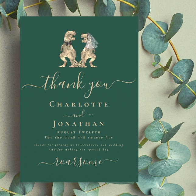Dinosaur Bride und Groom Wedding Vielen Dank Dankeskarte (Dinosaur wedding dark green elegant modern thank you card fun T-Rex dino bride and groom)