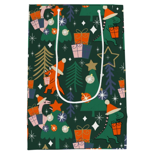 Dinosaur Christmas Party Green Mittlere Geschenktüte (Rückseite)