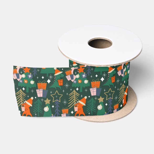 Dinosaur Christmas Party Green Satinband (Spule)