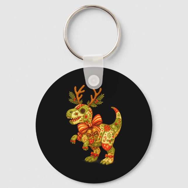 Dinosaur Christmas Season Patchwork T-rex Squad Fa Schlüsselanhänger (Vorderseite)