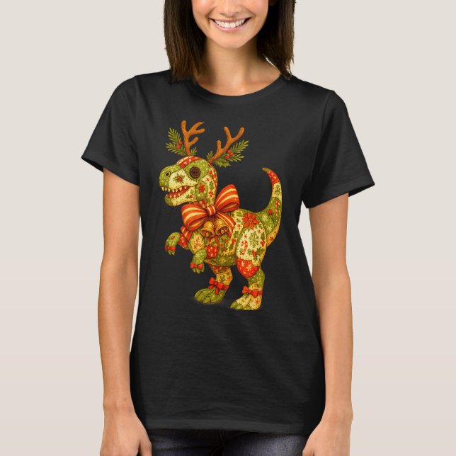 Dinosaur Christmas Season Patchwork T-rex Squad Fa T-Shirt (Vorderseite)
