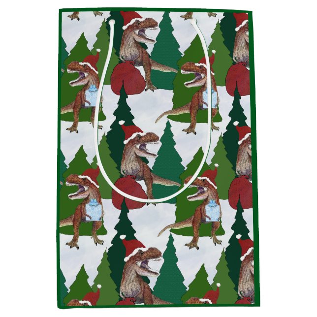 Dinosaur Christmas T-Rex Santa Mittlere Geschenktüte (Vorderseite)