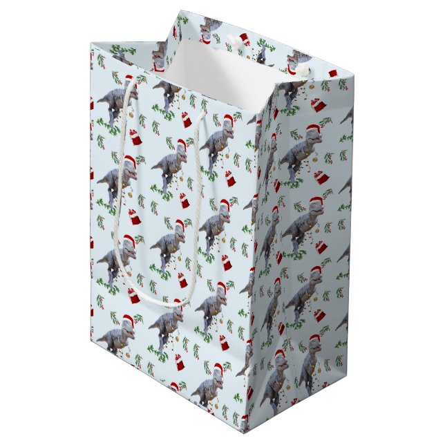 Dinosaur Christmas Wrapping Paper Roll Mittlere Geschenktüte (Vorderseite Schrägansicht)