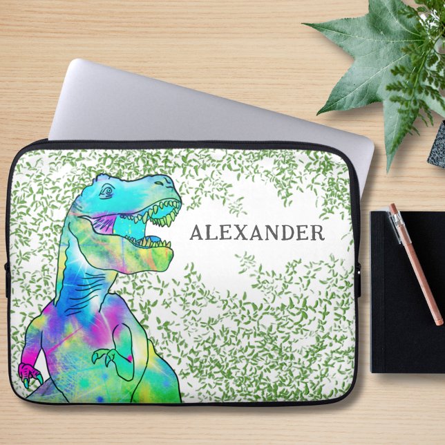 Dinosaur Colorful T-Rex-Name Laptopschutzhülle (Colorful T-Rex Dinosaur with jungle foliage custom name laptop sleeve)