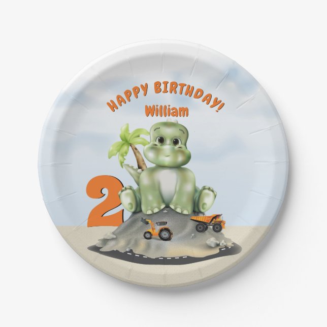 Dinosaur Construction Boy Birthday Pappteller (Vorderseite)