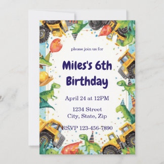 Dinosaur Construction Truck Birthday Invitatio Einladung