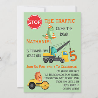 Dinosaur Construction Vehicle  5th Birthday Party Einladung