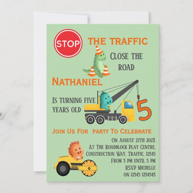 Dinosaur Construction Vehicle  5th Birthday Party Einladung (Vorderseite)