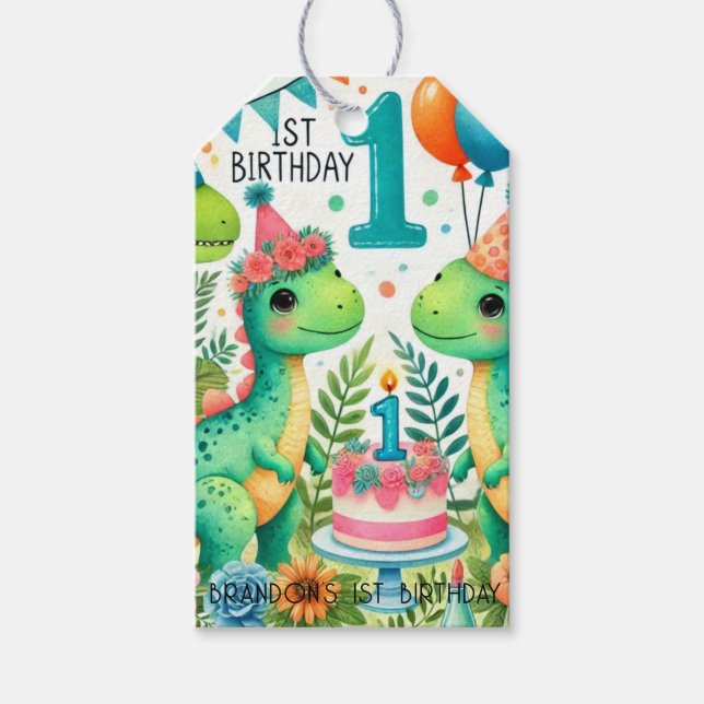 Dinosaur Dino 1. Geburtstags-Party Geschenkanhänger (Vorderseite)