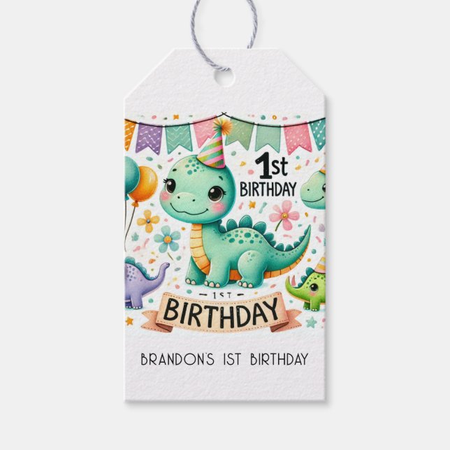 Dinosaur Dino 1. Geburtstags-Party Geschenkanhänger (Vorderseite)