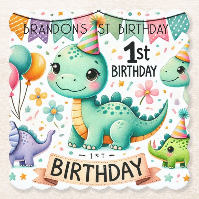 Dinosaur Dino 1. Geburtstags-Party Untersetzer (Vorderseite)