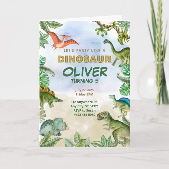 Dinosaur Dino 5. Geburtstag Einladung Faltkarte (Vorderseite)