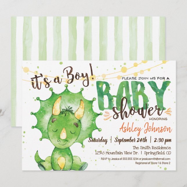 Dinosaur, Dino Baby shower Green invitation (Devant / Derrière)