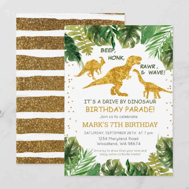 Dinosaur Drive By Birthday Parade Invitation (Devant / Derrière)