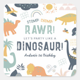 Dinosaur Erster Geburtstag Stomp Chomp Roar Quadratischer Aufkleber