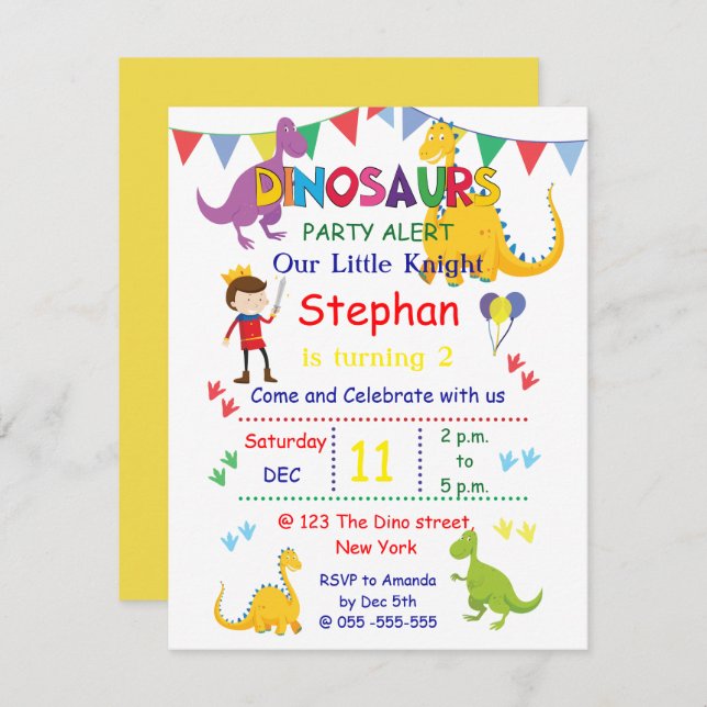 Dinosaur et Chevalier Anniversaire Invitations (Devant / Derrière)
