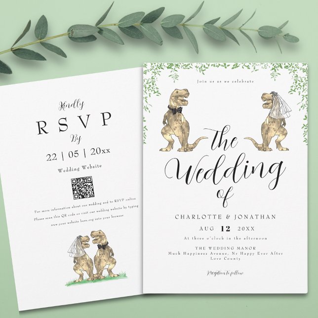 Dinosaur Eucalyptus Foliage Wedding Einladung (Stylish Botanical dinosaur wedding invitation with qr code)