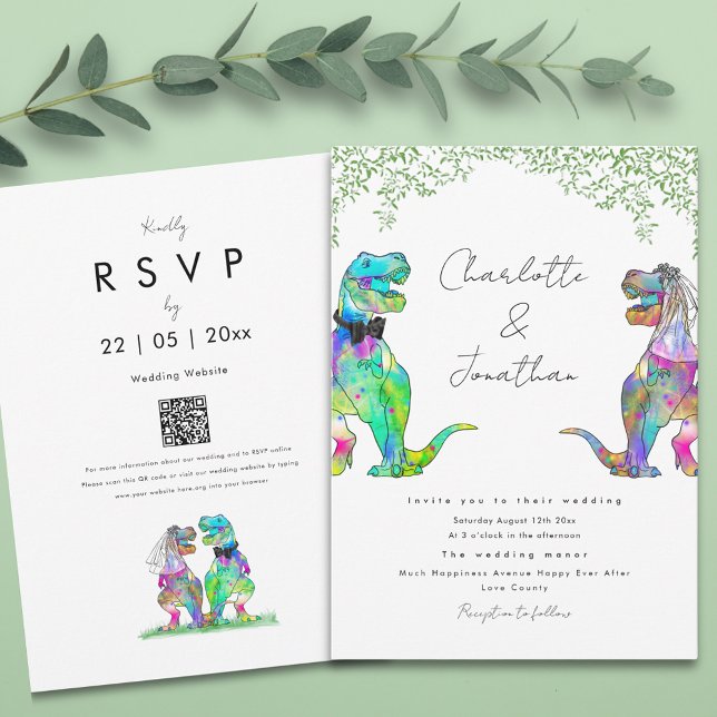 Dinosaur Eucalyptus Foliage Wedding Einladung (Boho botanical dinosaur wedding invitation with qr code)